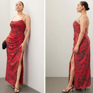 Red floral crepe dress (100% Polyester). A-line. Sleeveless. Scoop neck